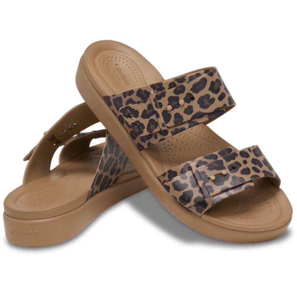 CROCS Brooklyn Low Leopard Animal Print Dual Strap Sandals Tan Black NWOT 6